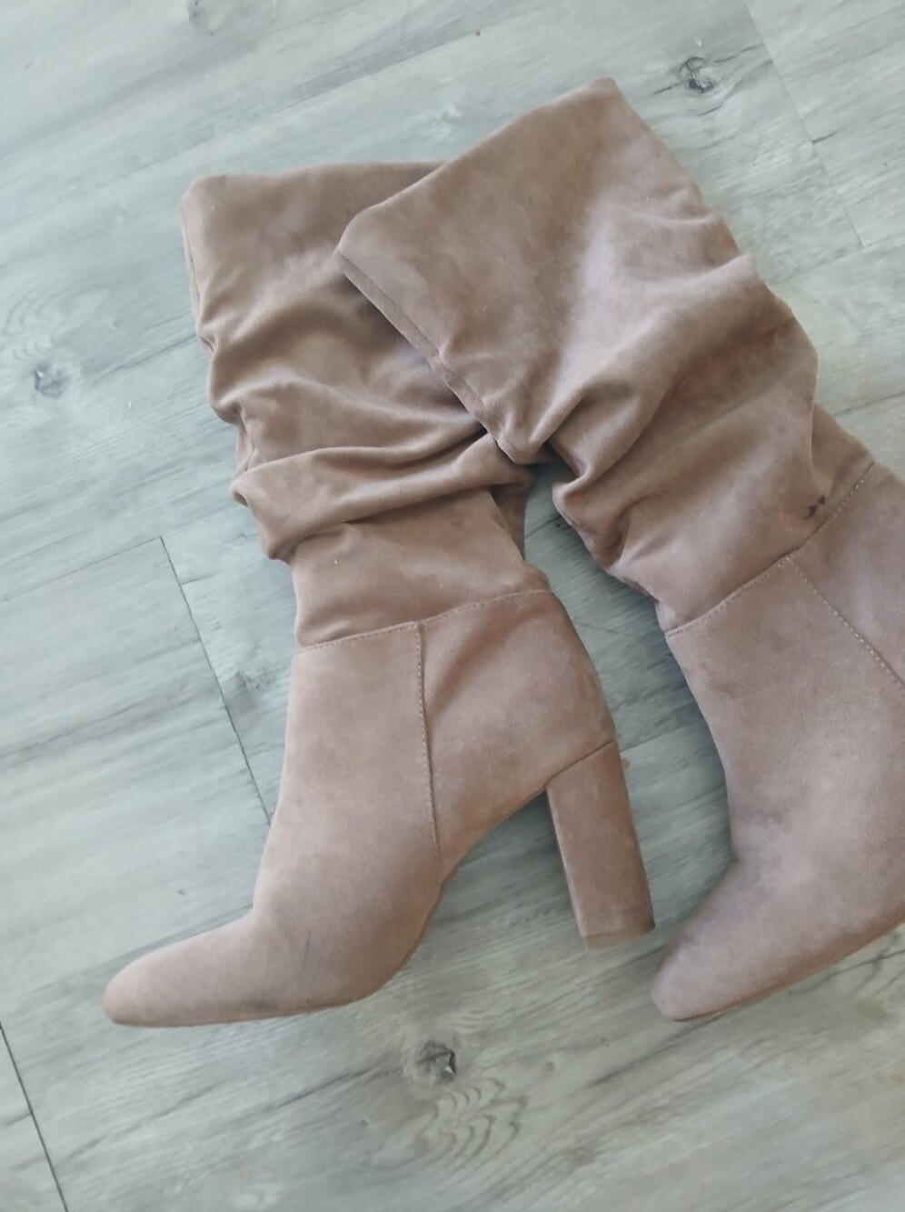 Taupe Light Brown Faux Suede Slouchy Mid-Calf Block Heeled Boots Size 7 - - Picture 2 of 3